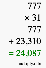 How to calculate 777 times 31 using long multiplication