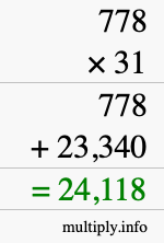 How to calculate 778 times 31 using long multiplication