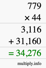 How to calculate 779 times 44 using long multiplication