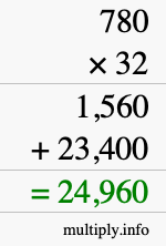 How to calculate 780 times 32 using long multiplication
