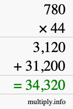 How to calculate 780 times 44 using long multiplication
