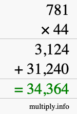 How to calculate 781 times 44 using long multiplication