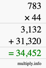 How to calculate 783 times 44 using long multiplication