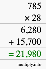 How to calculate 785 times 28 using long multiplication How to calculate 785 times 28 using long multiplication