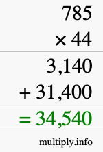 How to calculate 785 times 44 using long multiplication
