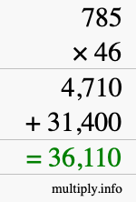 How to calculate 785 times 46 using long multiplication