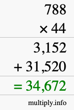 How to calculate 788 times 44 using long multiplication