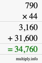 How to calculate 790 times 44 using long multiplication