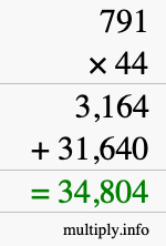 How to calculate 791 times 44 using long multiplication