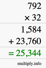 How to calculate 792 times 32 using long multiplication
