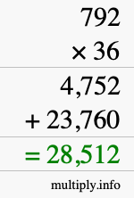 How to calculate 792 times 36 using long multiplication