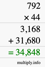 How to calculate 792 times 44 using long multiplication