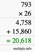 How to calculate 793 times 26 using long multiplication