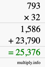 How to calculate 793 times 32 using long multiplication