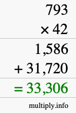 How to calculate 793 times 42 using long multiplication