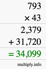 How to calculate 793 times 43 using long multiplication
