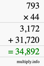 How to calculate 793 times 44 using long multiplication