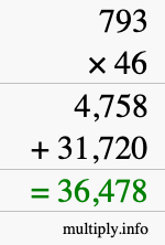 How to calculate 793 times 46 using long multiplication