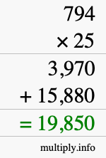 How to calculate 794 times 25 using long multiplication