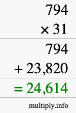 How to calculate 794 times 31 using long multiplication