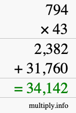 How to calculate 794 times 43 using long multiplication