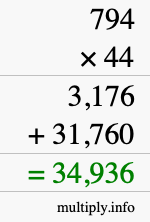 How to calculate 794 times 44 using long multiplication