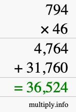 How to calculate 794 times 46 using long multiplication