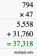 How to calculate 794 times 47 using long multiplication