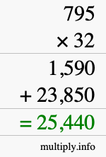 How to calculate 795 times 32 using long multiplication