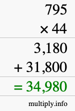 How to calculate 795 times 44 using long multiplication