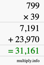 How to calculate 799 times 39 using long multiplication