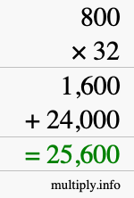 How to calculate 800 times 32 using long multiplication How to calculate 800 times 32 using long multiplication