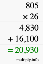 How to calculate 805 times 26 using long multiplication How to calculate 805 times 26 using long multiplication