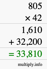 How to calculate 805 times 42 using long multiplication