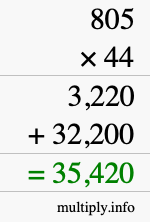 How to calculate 805 times 44 using long multiplication