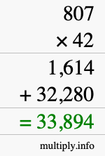 How to calculate 807 times 42 using long multiplication