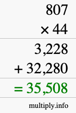How to calculate 807 times 44 using long multiplication