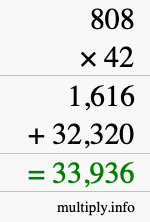 How to calculate 808 times 42 using long multiplication