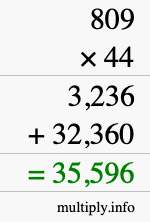 How to calculate 809 times 44 using long multiplication