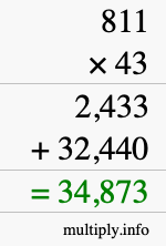 How to calculate 811 times 43 using long multiplication