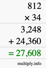 How to calculate 812 times 34 using long multiplication
