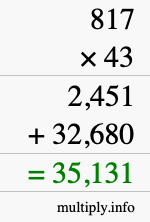How to calculate 817 times 43 using long multiplication