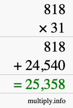How to calculate 818 times 31 using long multiplication