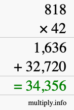 How to calculate 818 times 42 using long multiplication
