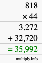 How to calculate 818 times 44 using long multiplication