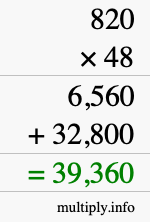 How to calculate 820 times 48 using long multiplication