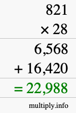 How to calculate 821 times 28 using long multiplication