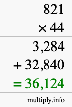 How to calculate 821 times 44 using long multiplication