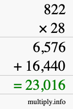 How to calculate 822 times 28 using long multiplication