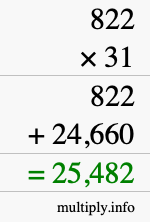 How to calculate 822 times 31 using long multiplication